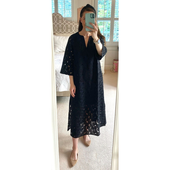 Tuckernuck Black V-Neck Floral Lace Eyelet Jamie Midi Kaftan Shift Dress XS - Picture 9 of 15